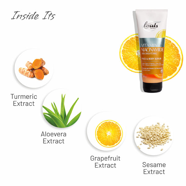 Key ingredients in Louis Herbals Vitamin C Niacinamide Scrub: Vitamin C, Niacinamide, and natural extracts for skin brightening