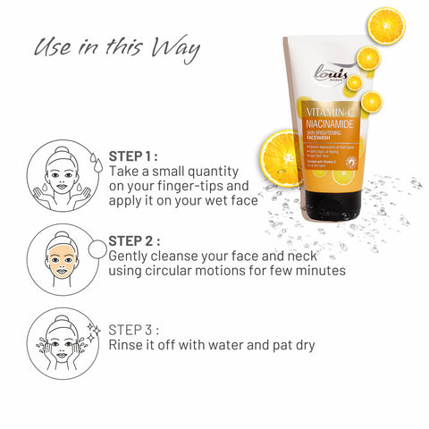Louis Herbals Vitamin C Niacinamide Skin Brightening Face Wash usage instructions step-by-step: apply on wet face, gently massage in circular motion, rinse off for radiant skin